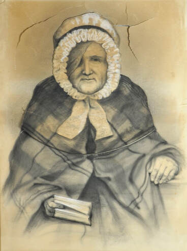 A drawing of an elderly woman sitting with a book in one hand, and her other arm resting on a table. She is wearing a cloak, and a bonnet which surrounds her face. One eye is covered by a flap of fabric, possibly a reference to Hamilton's blindness in old age.